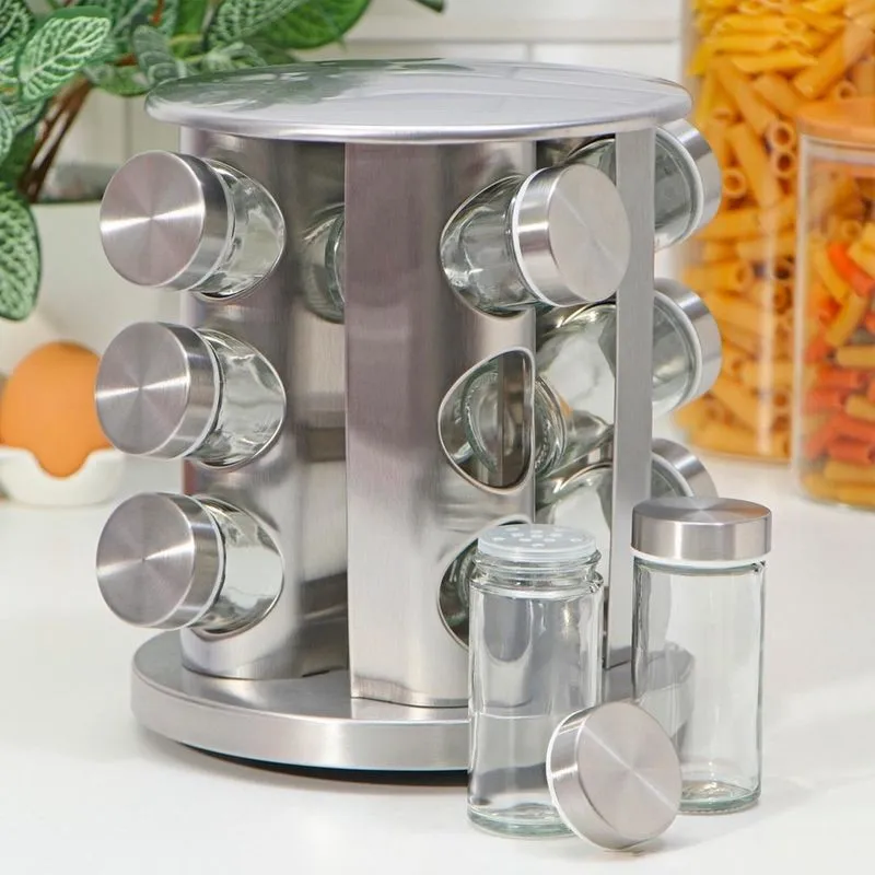Porta Condimento Giratório Temperos Vidro Tampa Inox Cozinha