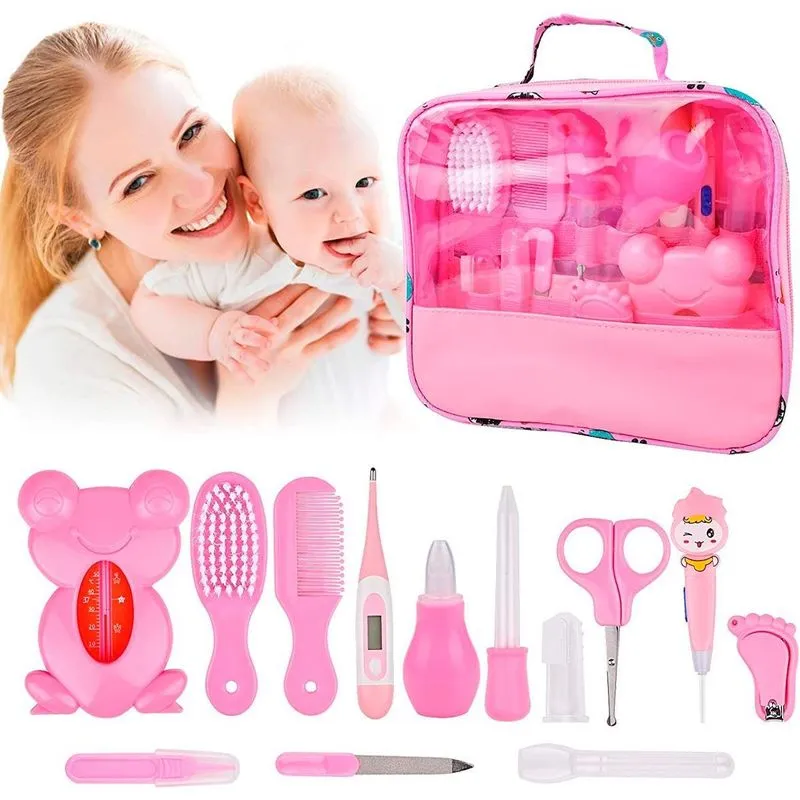 Kit Higiene Bebê Rosa Escova De Dedo Termômetro Bolsa