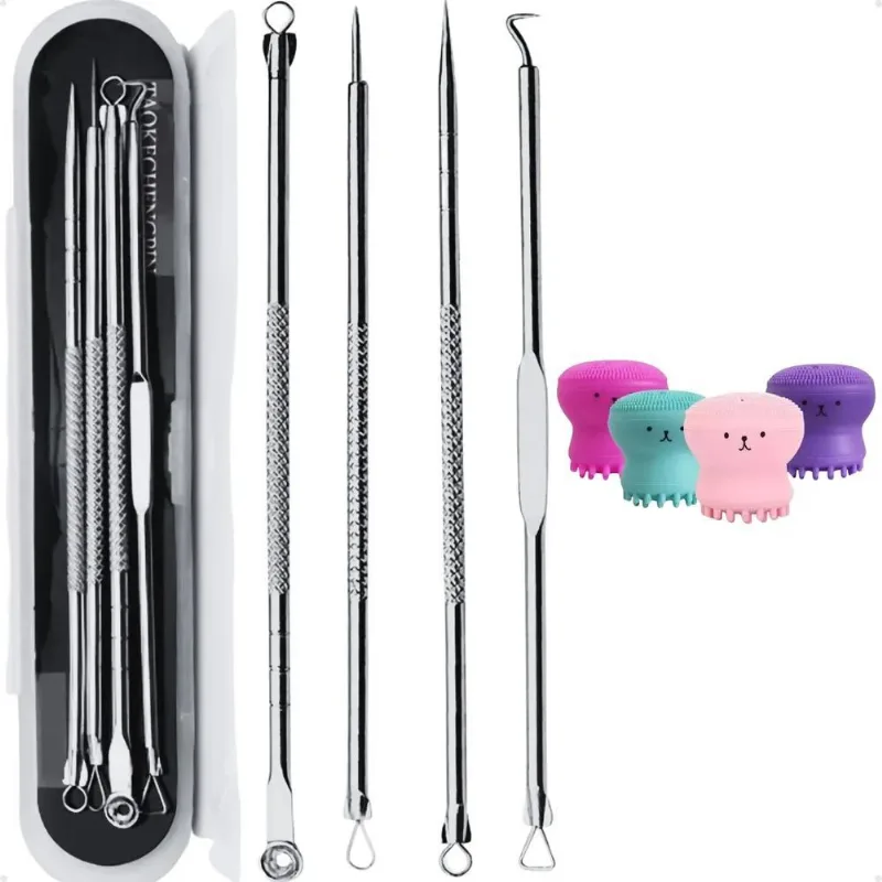 2x Kit 4 Extrator Cureta Espremedor Poros Acne + Esponja Pol