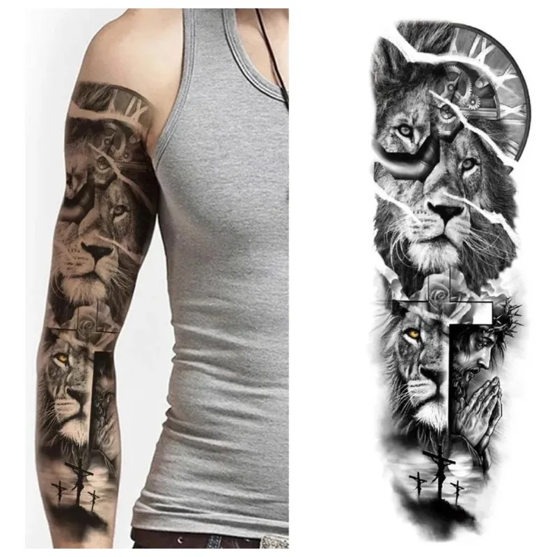 2x Tatuagem Falsa Temporaria - Leão Jesus - Braço Inteiro