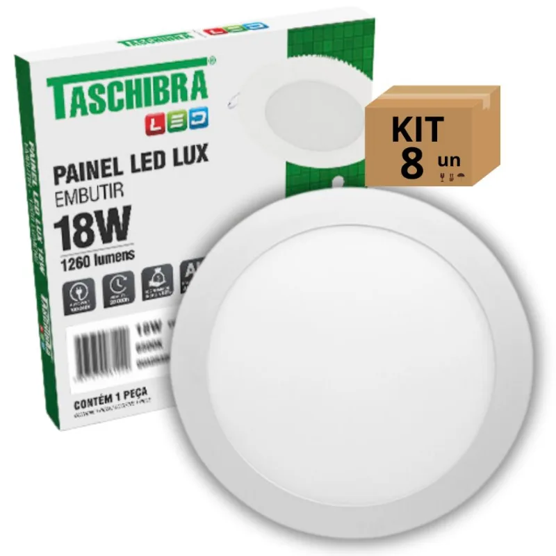 Kit 8un Painel Led Taschibra Embutir Redondo 18w 6500K