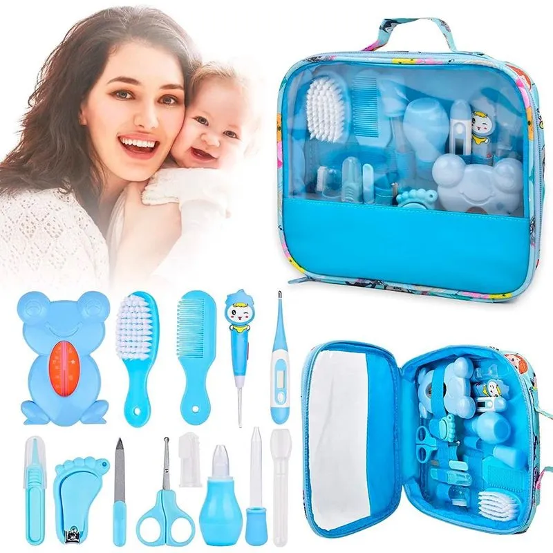 Kit Higiene Azul Infantil Tesoura Escova De Dedo Bolsa