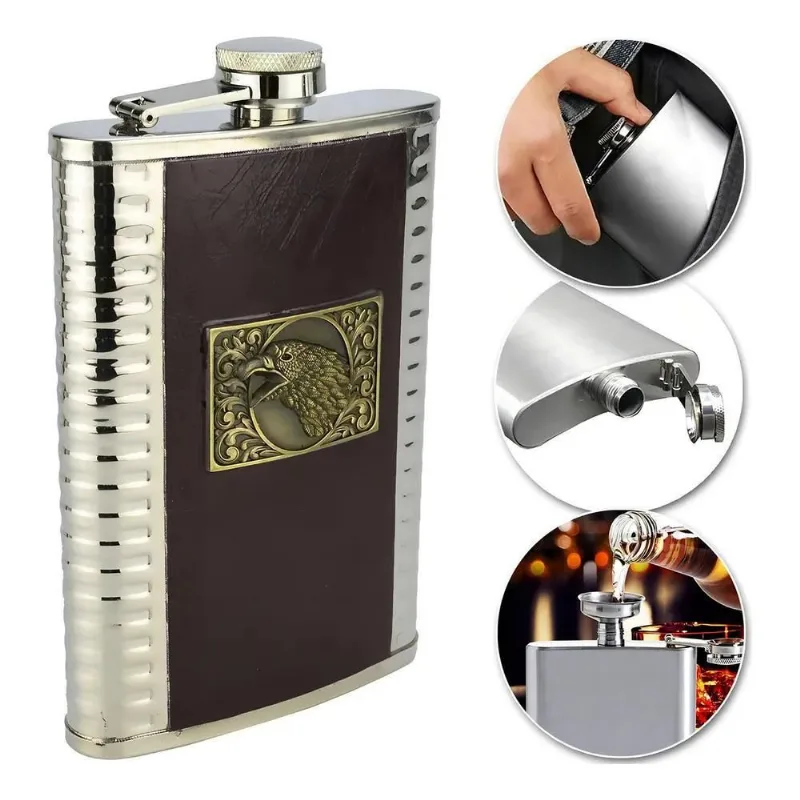 10x Cantil Em Couro E Inox Frasco Garrafa Whiskeira Bolso L