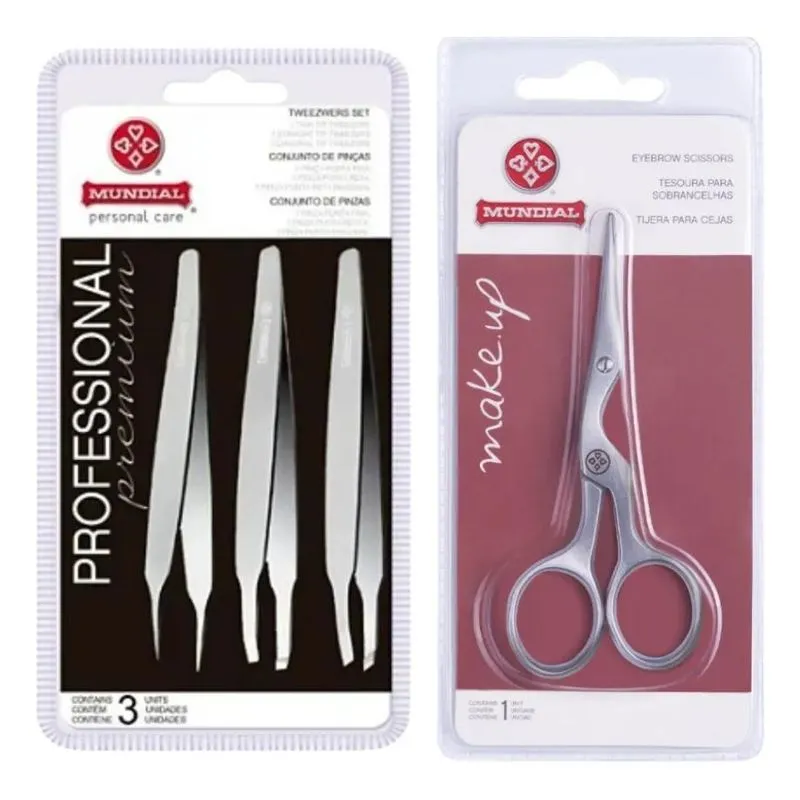 Tesoura Reta Mundial Para Sobrancelhas + Kit Pinças Bc 394