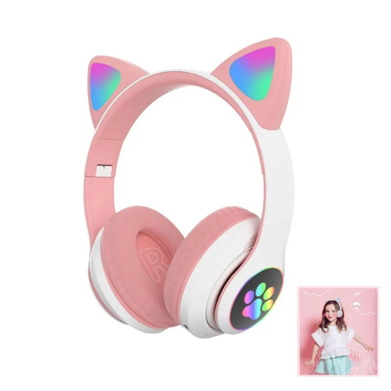 Fone Headset Gatinho Com Fio Orelha Led Para Criança Meninas