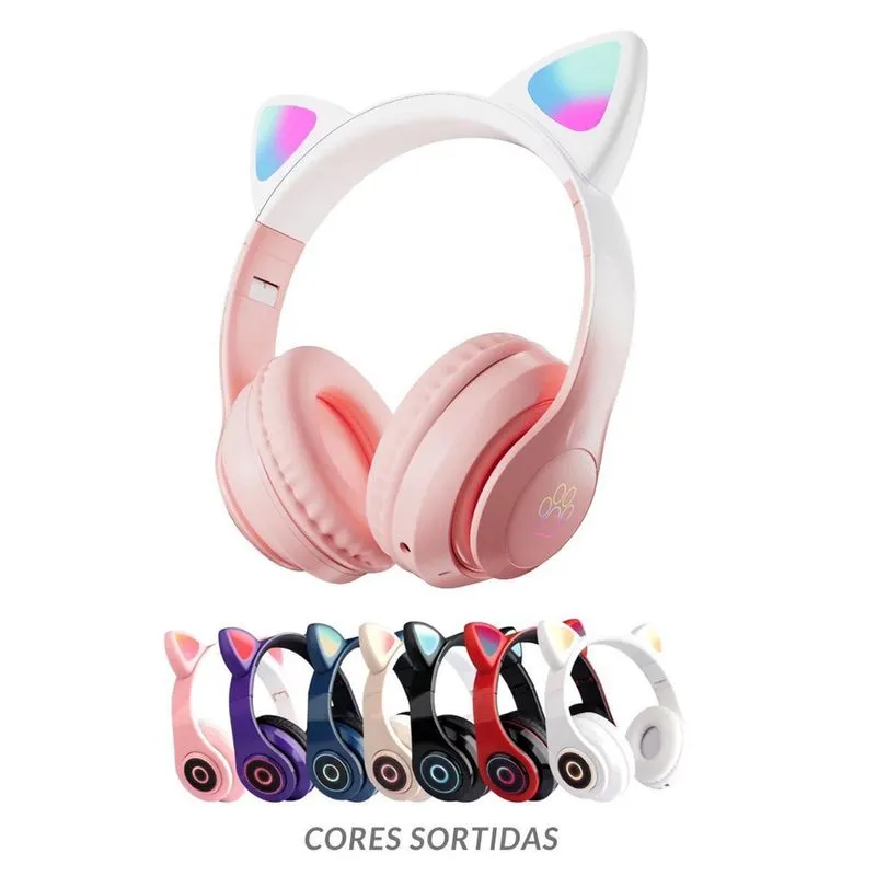 Fone Gatinho Led Bluetooth Infantil Sem Fio Colorido