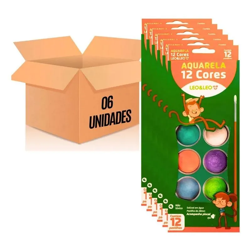 3x Kit Escolar 06 Tintas Aquarela Leoleo 12 Cores Com Pincel