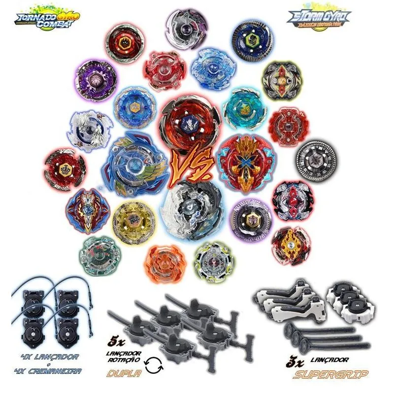 Kit 8 Beyblade Burst 4 Beyblade Metal Led 12 Lançador 3 Grip