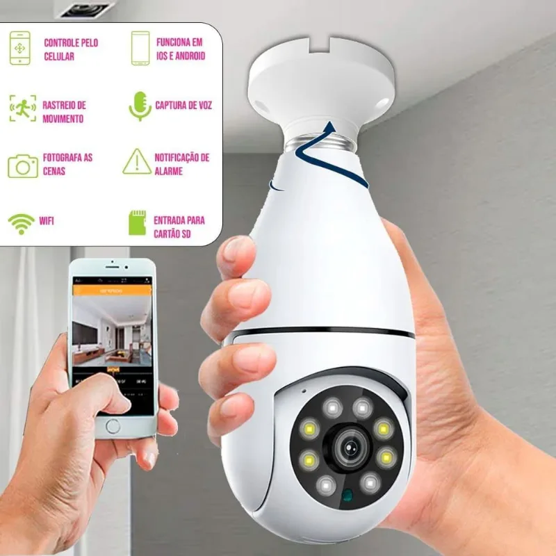 Câmera Giratória 360 Ip Lâmpada Wifi Segurança Noturna