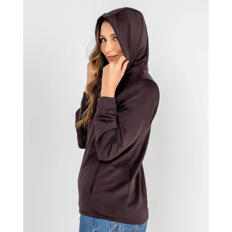 Casaco de malha neoprene lisa c/ capuz marrom