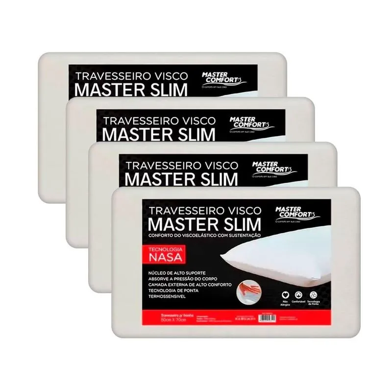 Kit 4 Travesseiros Nasa Viscoelástico Master Slim Sono E