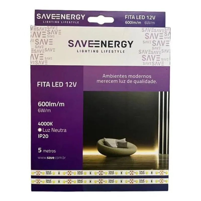2x Fita Led 12v 6w/m Ip20 4000k Neutra - Save Energy Cor Da