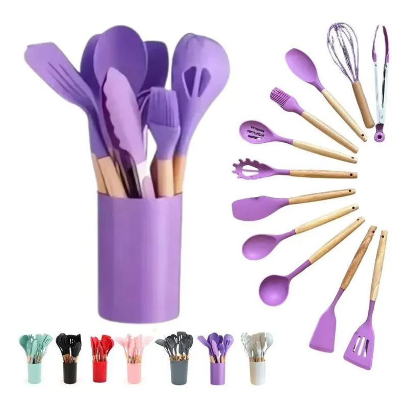 Kit 12 Colheres Cozinha Silicone Com Cabo Em M Violeta