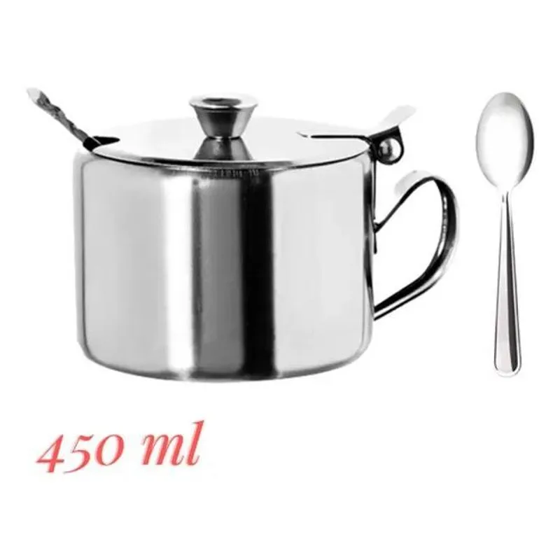 2x Açucareiro Inox Com Tampa Colher Pote Açucar 450ml Premiu