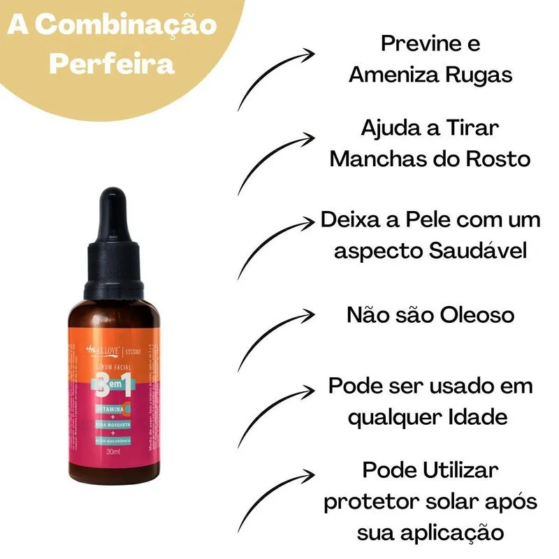 Serum 3x1 Vitamina C Rosa Mosqueta Ácido Hialurônico Kit 6un