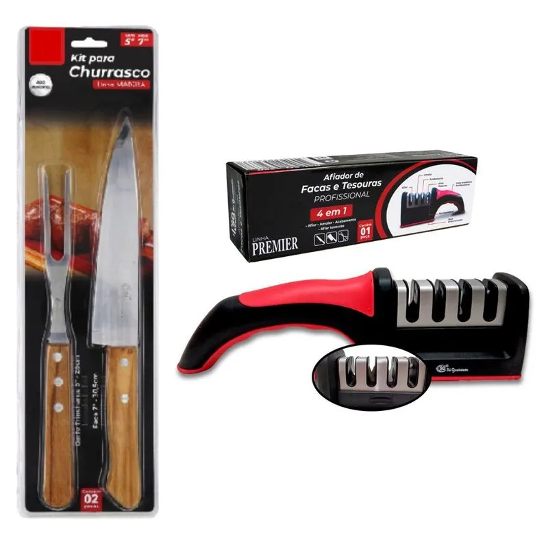 Amolador De Faca Com Jogo De Churrasco Garfo E Faca Aço Inox