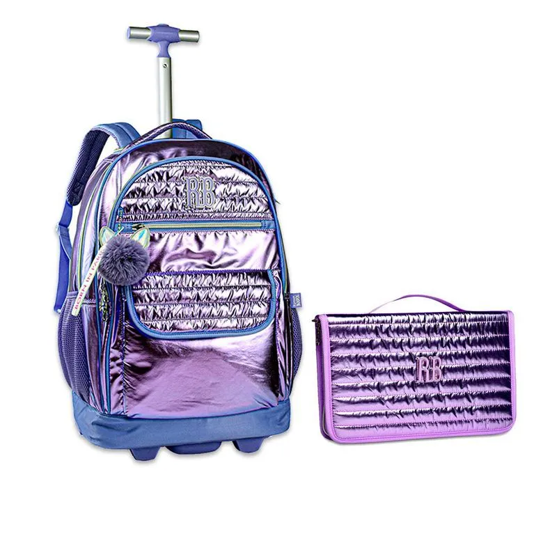 Super Kit Mochila De Rodinha Metalizada E Estojo Rb Roxo