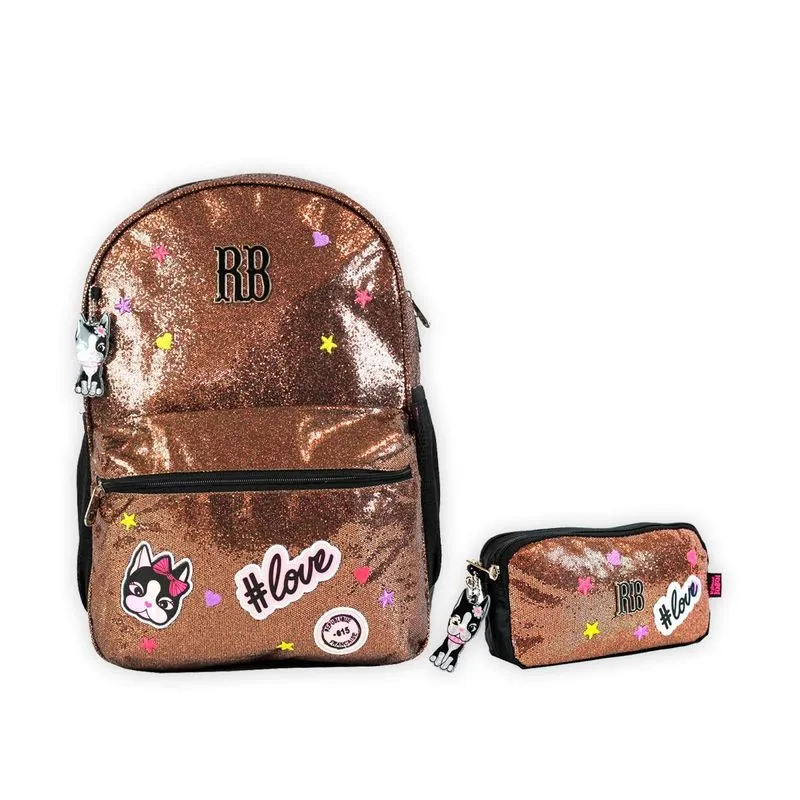 Kit Volta As Aulas Mochila E Estojo Glitter Brilho Dourado