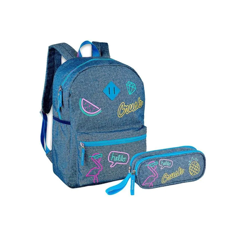 Kit Escolar Mochilas E Estojo Duplo Jeans Crush Cor Azul