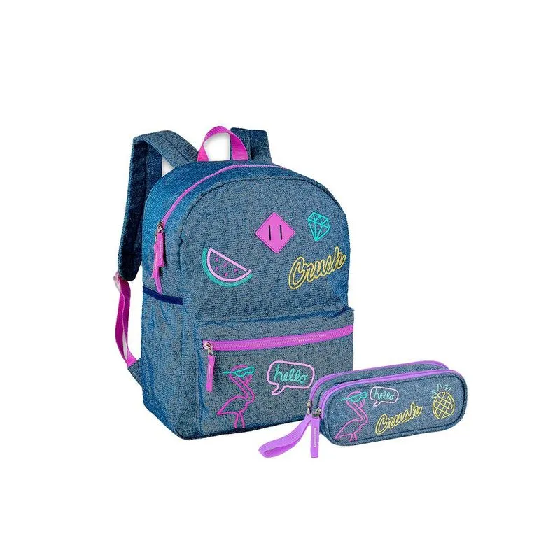 Kit Escolar Mochilas E Estojo Jeans Hello Crush Cor Roxo