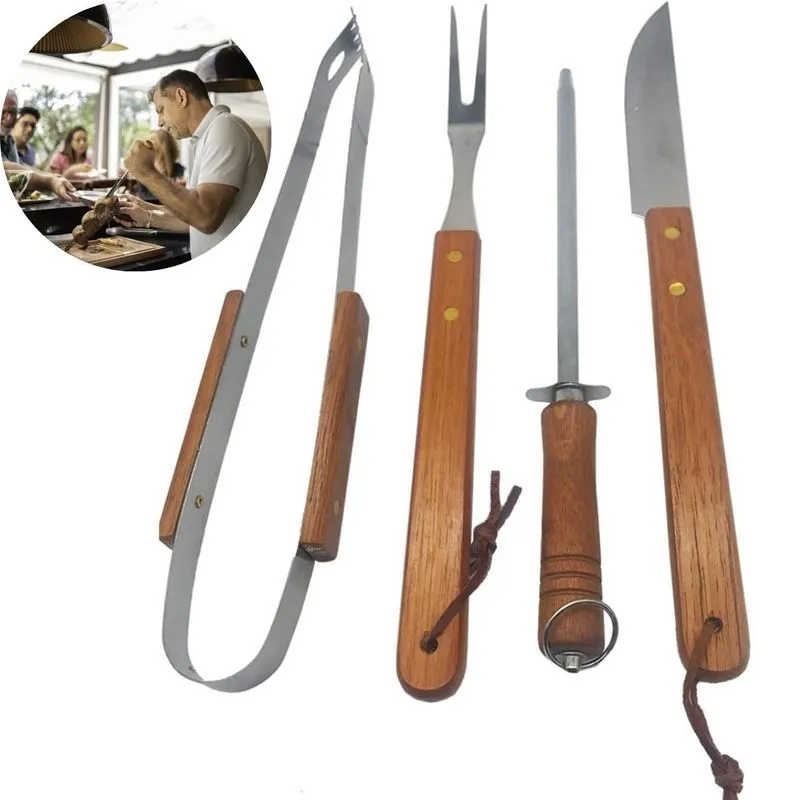 Conjunto Churrasco Completo 4 Peças Aço Inox Churrasqueiro