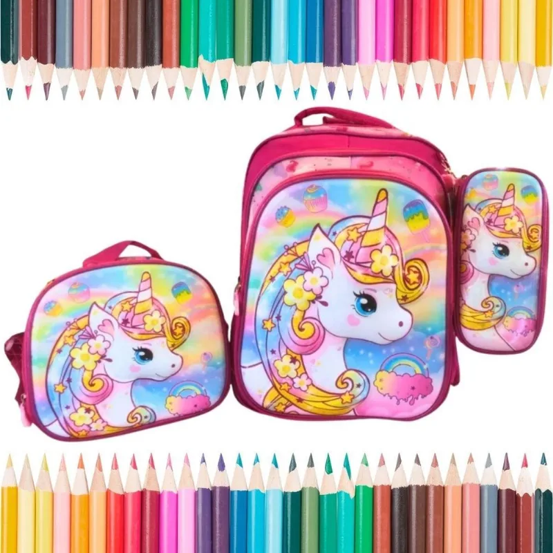 Lancheira Mochila E Estojo Tema Unicórnio Rosa Brilhante