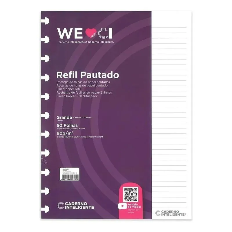 10x Refil Caderno Inteligente Grande Pautado 90g 50fls Ci