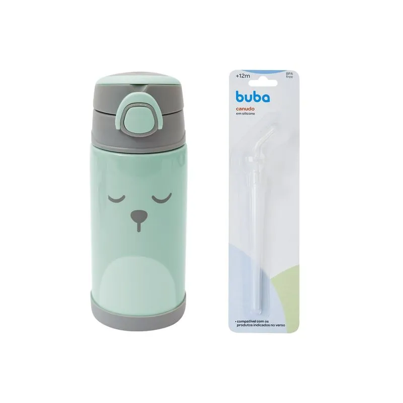 Kit Garrafinha Gummy Verde Buba E Canudo De Silicone Rep