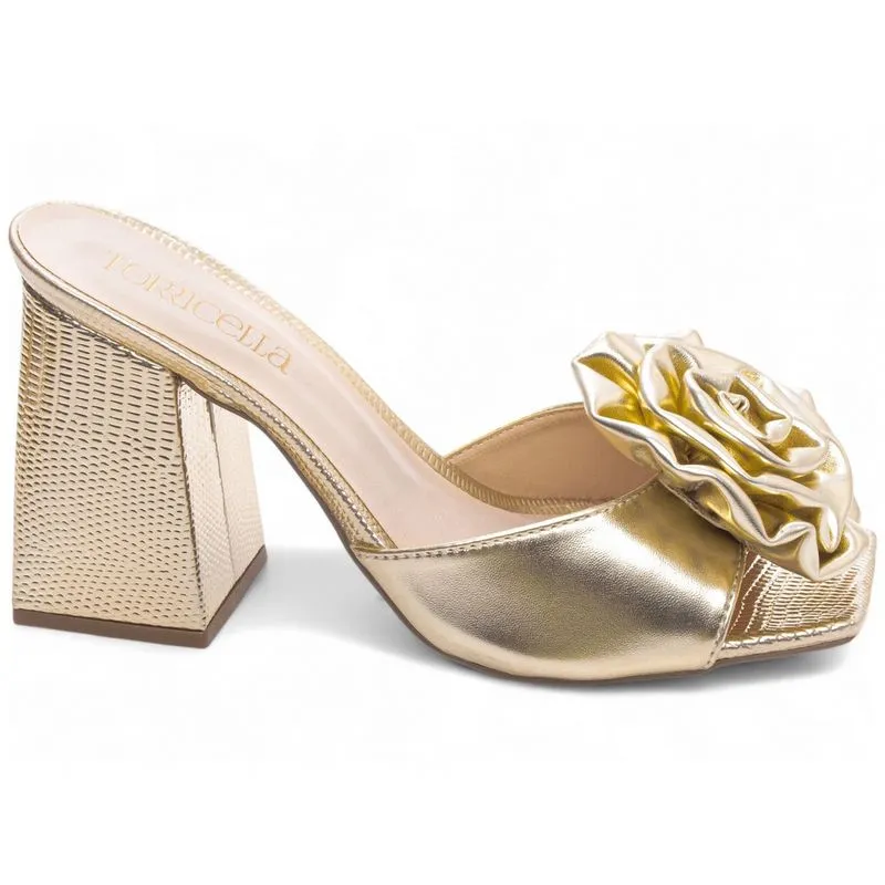 Sandália Tamanco Feminino Ouro Ligth Salto Médio Baixo Bloco Grosso Bico Quadrado Flor 9cm Ouro Ligth Torricella