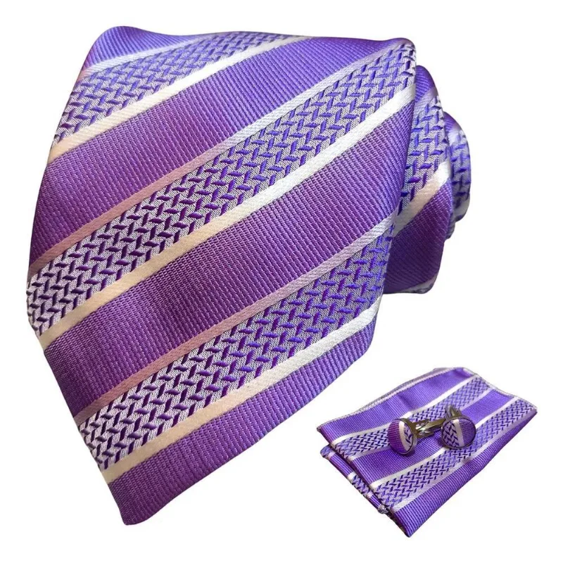 Kit Gravata Social Com Lenço E Abotoadu Lilas Com Faixas