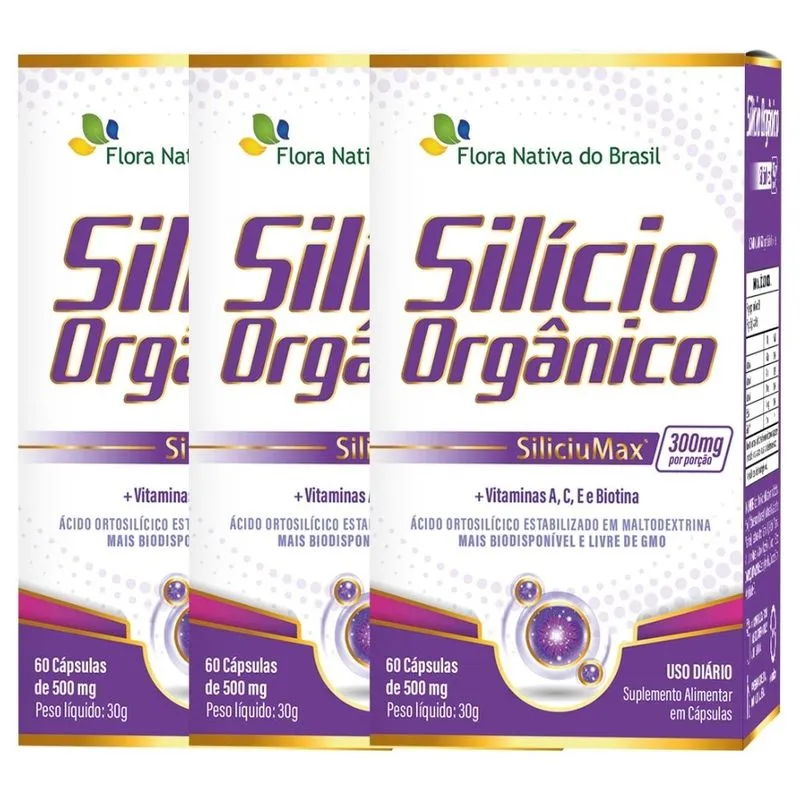 Kit 3x Silício Orgânico SiliciuMax® + Vitaminas 500mg - 60 Cápsulas - Flora Nativa