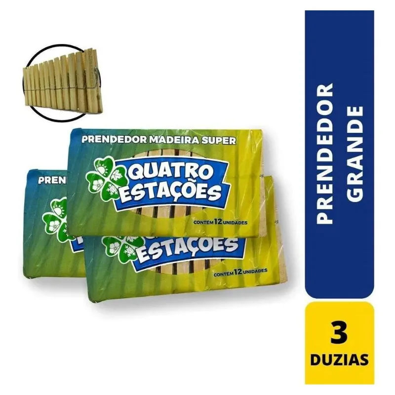 Kit 36 Prendedor De Roupa Madeira Pregador Grande 3 Duzias F