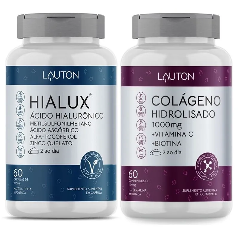 Kit Colageno Hidrolisado 1000mg com Biotina + Ácido Hialurônico 150mg com msm Hialux Lauton