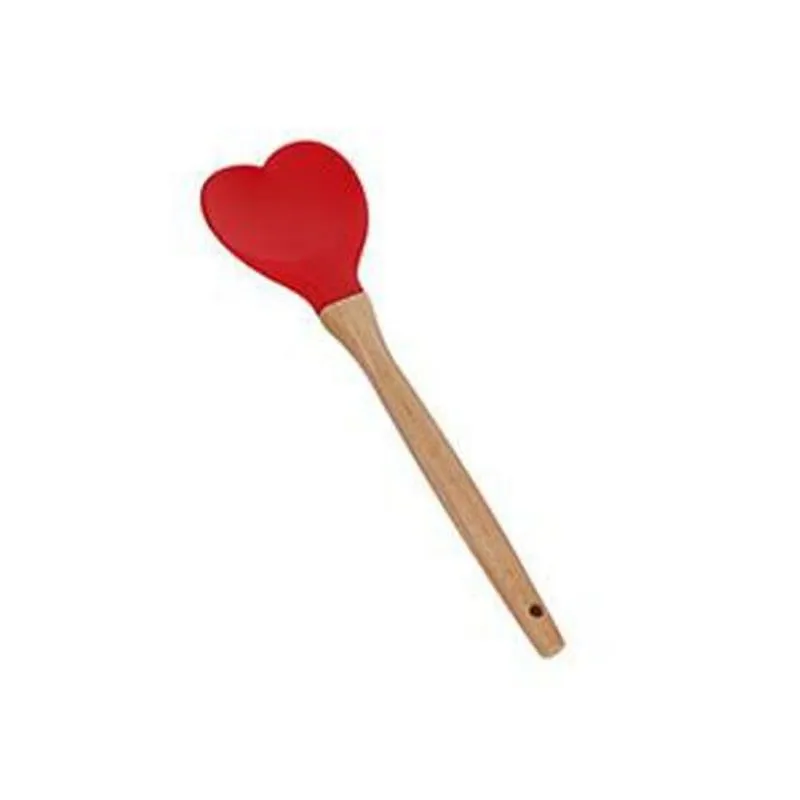 Colher De Silicone C/cabo De Bambu Heart Vermelho 27cm