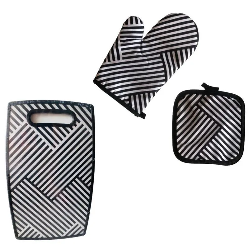 Kit Luva De Cozinha Com Apoio Para Panela Mais Tabua Corte