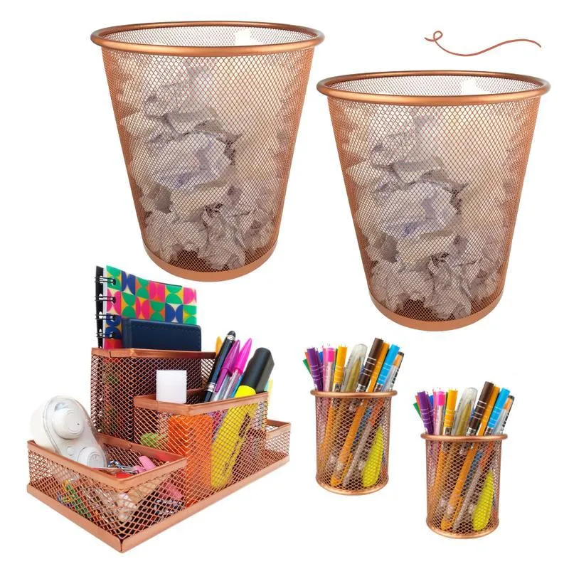 Kit Organizador, Porta Caneta E Lixeira Rose Gold Escritório