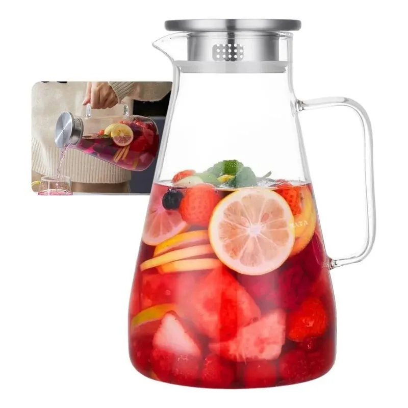 Jarra Nata Vidro 1,8l Com Tampa Inox Para Bebidas