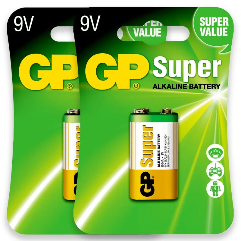Pilha Alcalina 9V GP Super Bateria 9 Volts 6LR61 6F22 kit 2 unidades