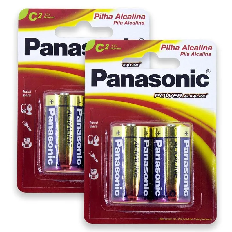 04 Pilhas C Média Lr14 Alcalina Panasonic 2 Cartelas