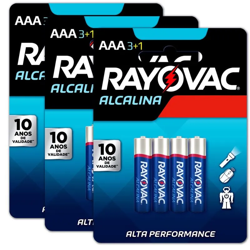 12 Pilhas Aaa Alcalina Rayovac 3 Cart C/ 4 Unid