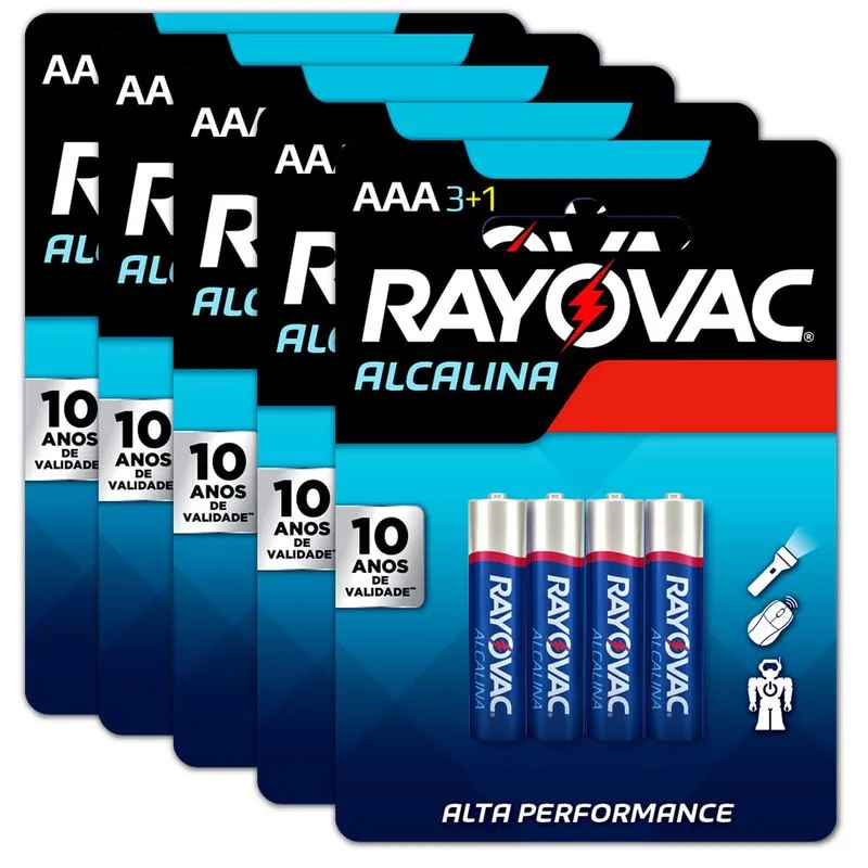 20 Pilhas Aaa Alcalina Rayovac 5 Cart C/ 4 Unid