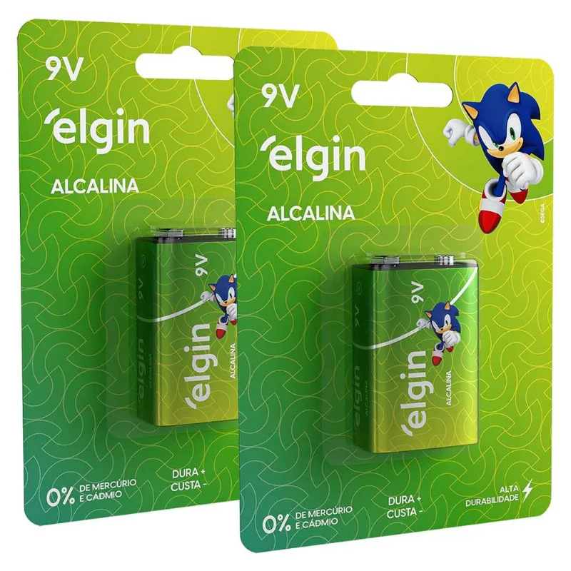 Pilha Alcalina 9V Elgin Bateria 9 Volts 6LR61 6F22 kit 2 unidades