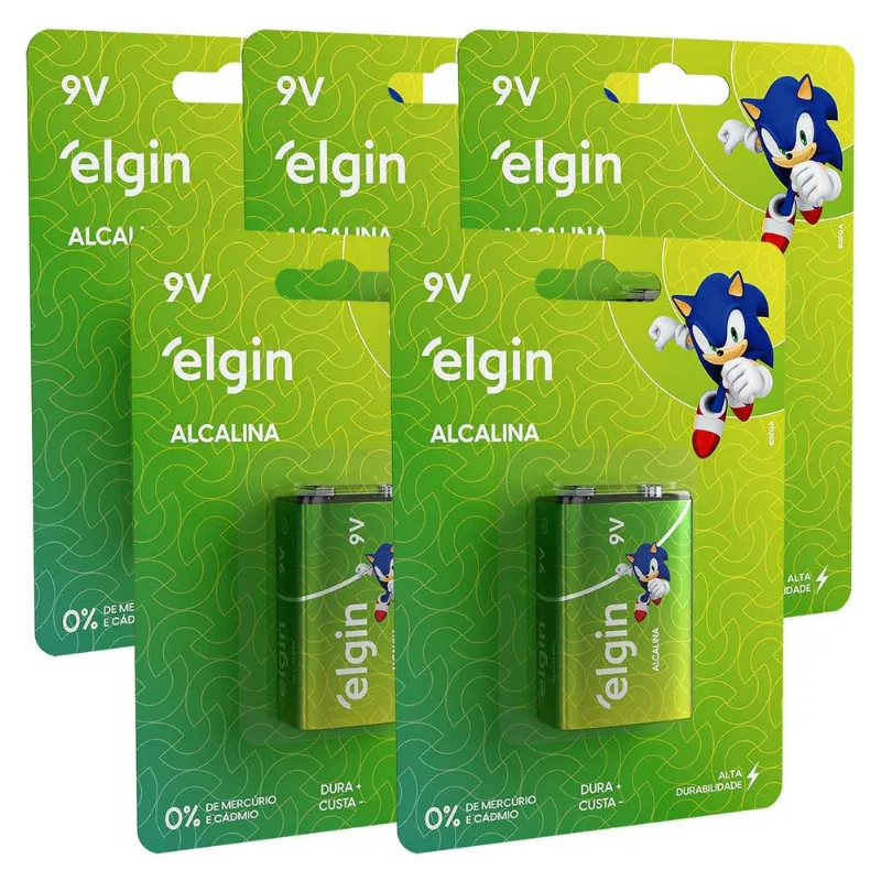 Pilha Alcalina 9V Elgin Bateria 9 Volts 6LR61 6F22 kit 5 unidades