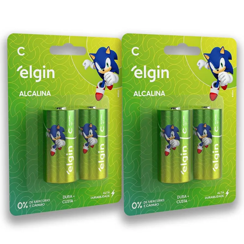 Pilha Alcalina C Elgin Bateria Média LR14 kit 4 unidades