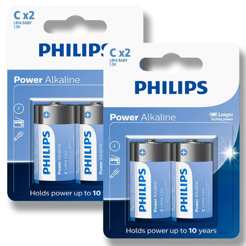 Pilha Alcalina C Philips Bateria Média LR14 kit 4 unidades