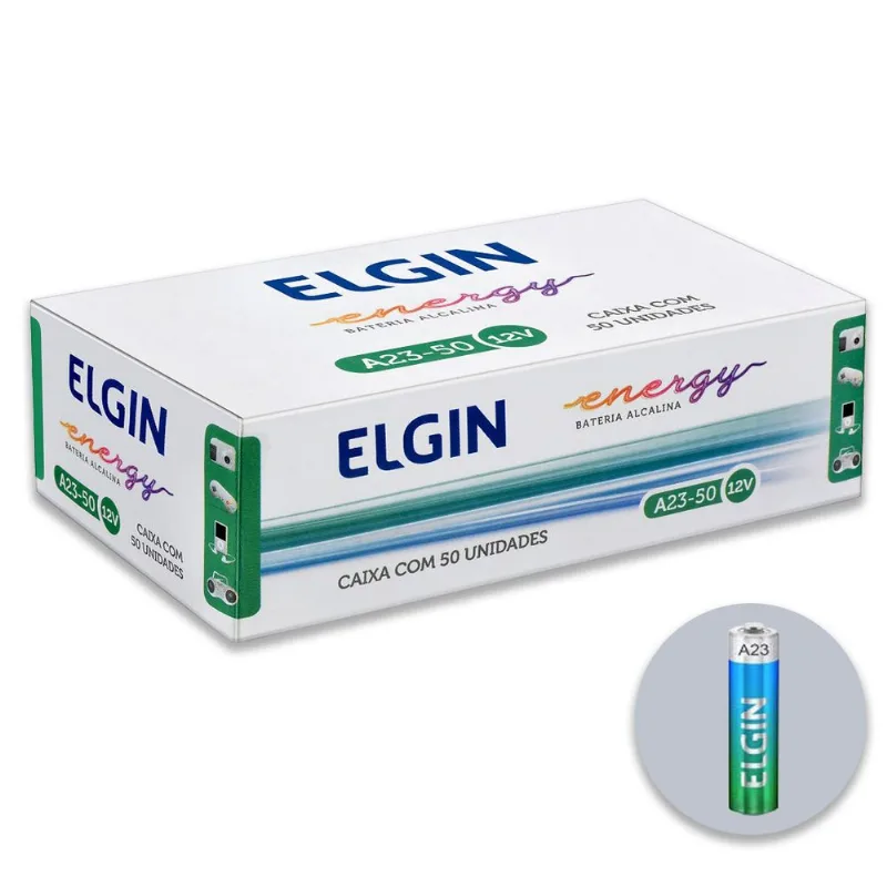 Pilha Alcalina 23A Elgin Bateria MN21 V23GA A23 Bulk kit 50 unidades