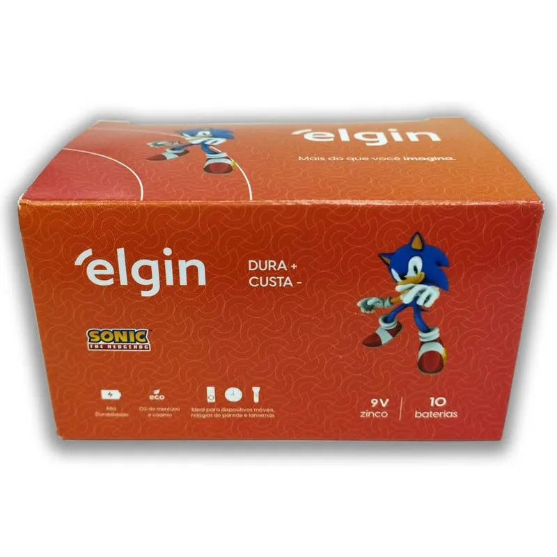 Pilha Zinco 9v Elgin Bateria 9 Volts Carvão 6f22 Caixa Kit Com 10 Unidades