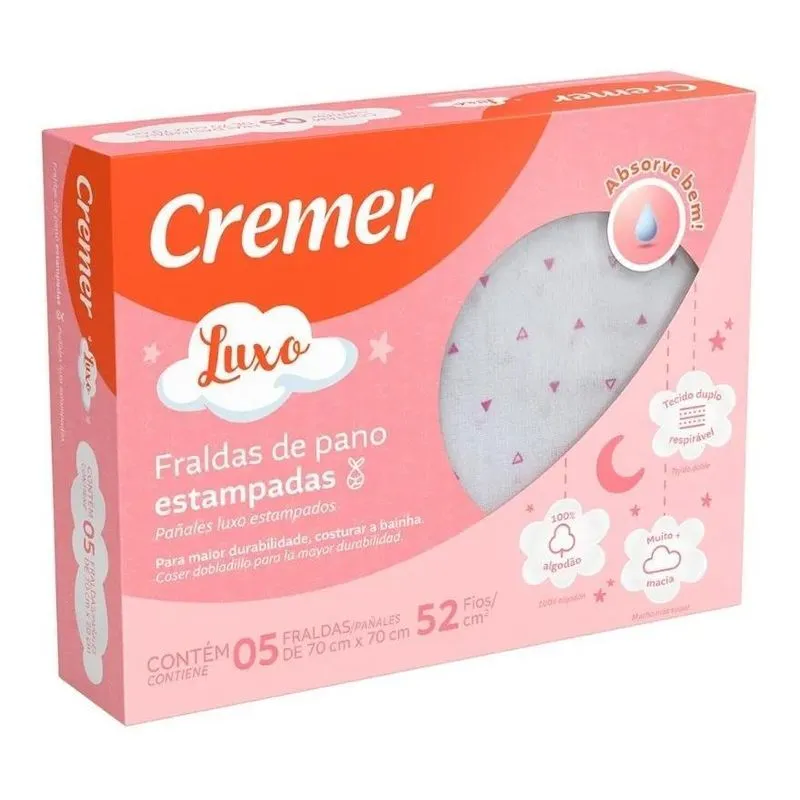Fralda Pano Menina Estampada 100% Algodão Caixa Com 5 Cremer