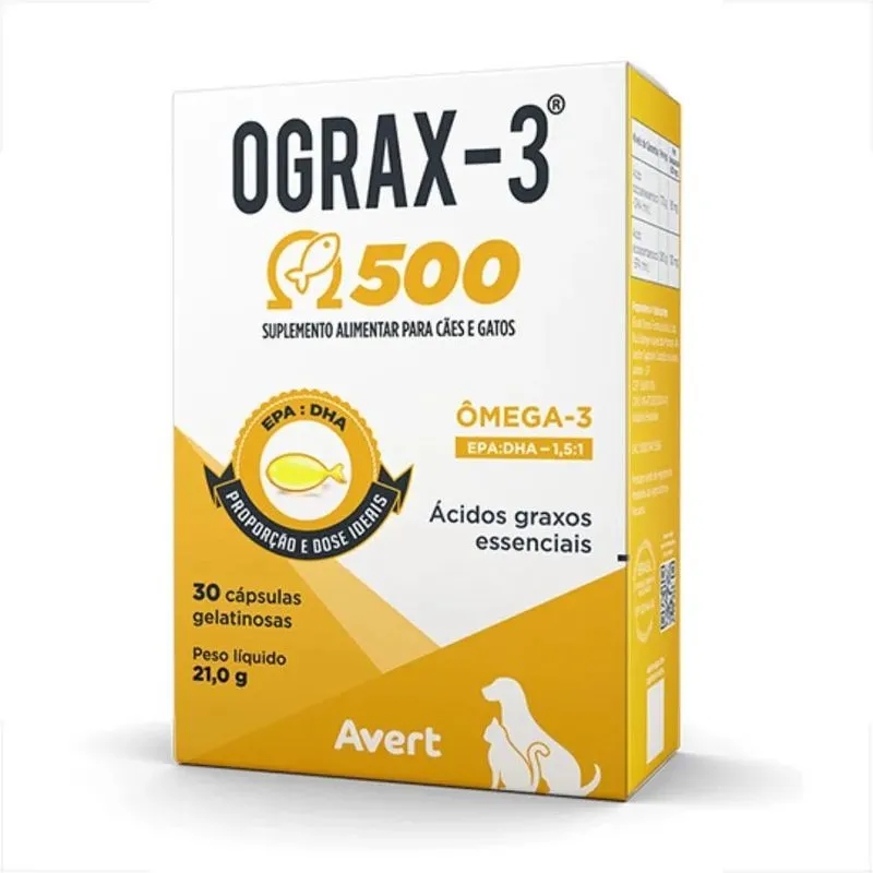 Suplemento Avert Ograx-3 500mg Para Cães E Gatos 30 Cápsulas