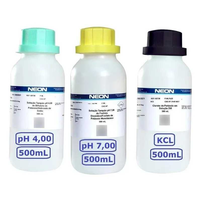 Kit Solução Tampão Phmetro Ph 4, 7 E Kcl 3m Fr 500 Ml Cada